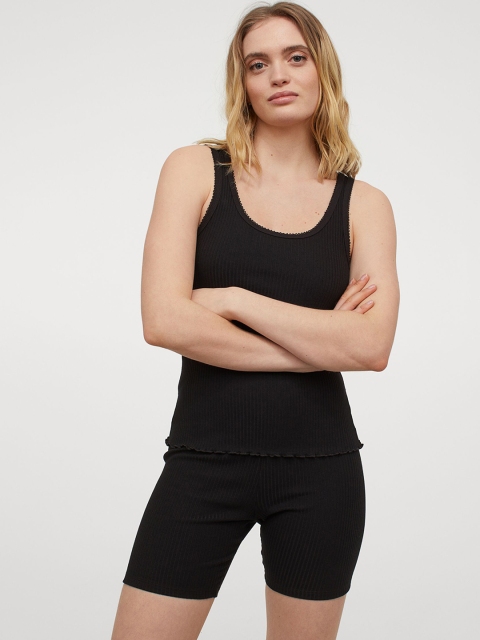 H&M Women Black Solid Ribbed Night Suit