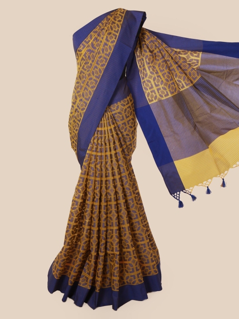 Pothys Yellow & Navy Blue Supernet Woven Design Saree