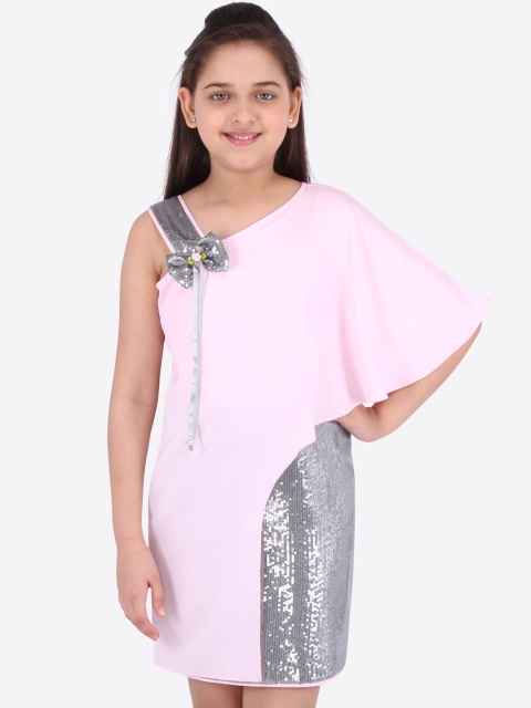 CUTECUMBER Girls Silver-Coloured & Pink Embellished Sheath Dress