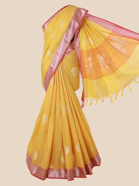 Pothys Yellow & Silver-Toned Cotton Blend Woven Design Saree