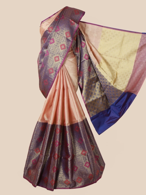 Pothys Peach-Coloured & Blue Jute Silk Woven Design Saree