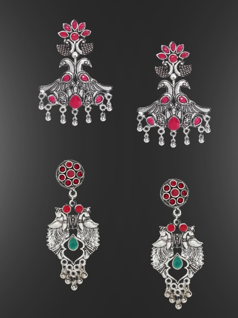 OOMPH Combo of 2 Maroon & Green Oxidised Jhumkas