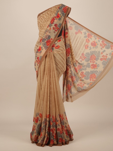 Pothys Cream-Coloured & Red Poly Chiffon Printed Saree