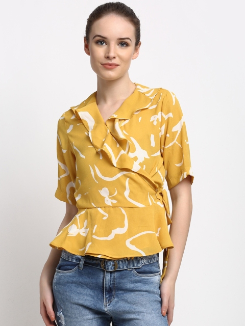 Just Wow Yellow Printed Crepe Wrap Top