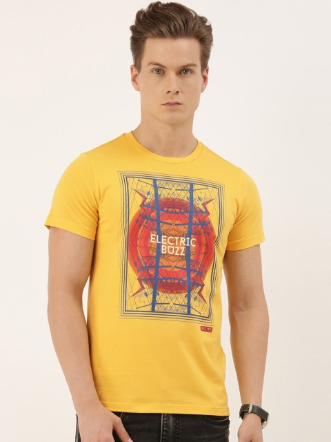 QUANCIOUS Men Mustard Printed Organic Cotton Round Neck Sustainable T-shirt