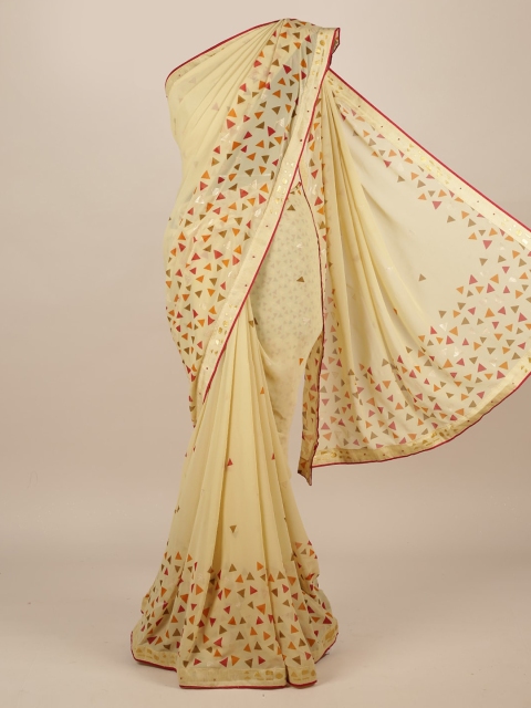 Pothys Cream-Coloured & Orange Poly Chiffon Printed Saree