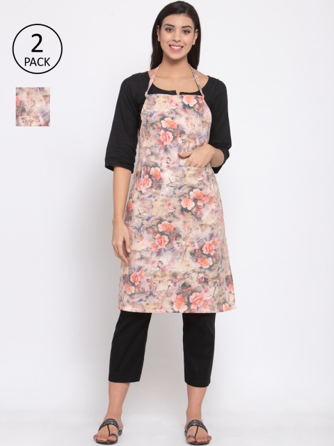 KLOTTHE Unisex Pack of 2 Beige & Pink Printed 210 TC Cotton Aprons