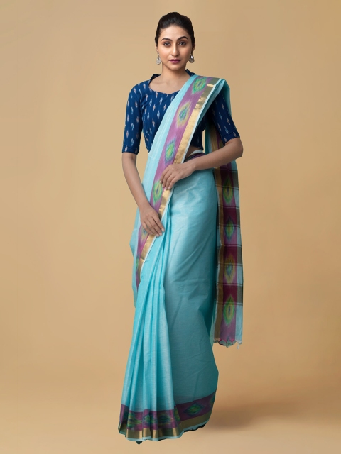 Unnati Silks Turquoise Blue Pure Cotton Solid Mysore Silk Handloom Saree