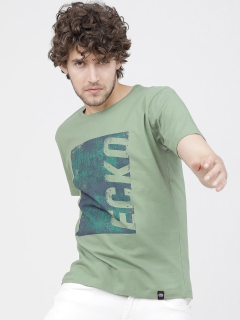 Ecko Unltd Men Olive Green Printed Pure Cotton Round Neck T-shirt
