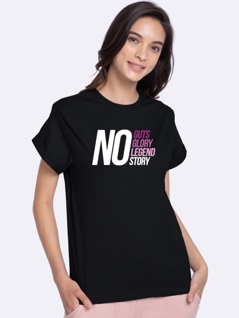 Bewakoof Women Black Printed Cotton Round Neck Pure Cotton T-shirt
