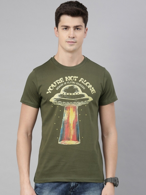 QUANCIOUS Men Olive Green Solid Round Neck Sustainable T-shirt