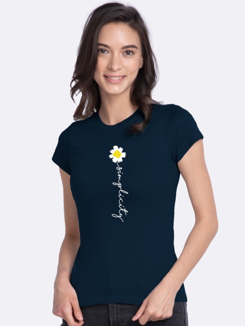 Bewakoof Women Blue Printed Pure Cotton Round Neck T-shirt