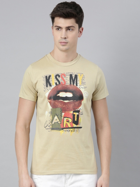 QUANCIOUS Men Beige Printed Round Neck Sustainable T-shirt