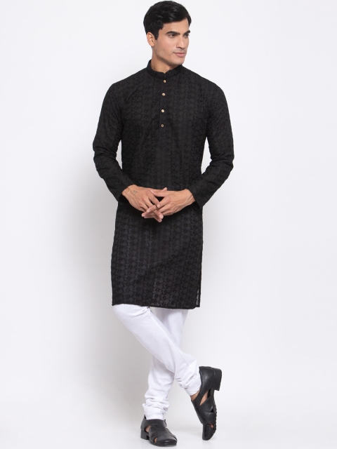 Badoliya & Sons Men Black & White Embroidered Kurta with Churidar