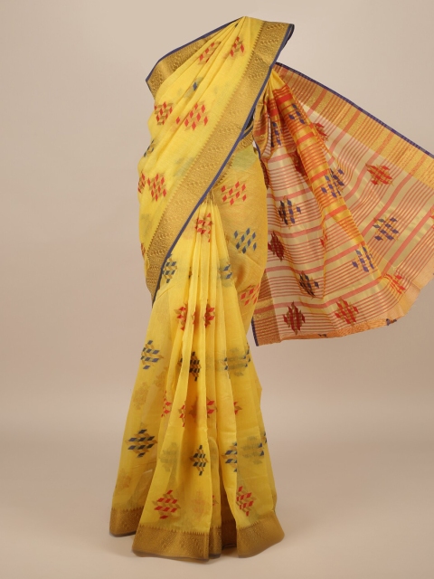 Pothys Yellow Printed Jute Silk Saree