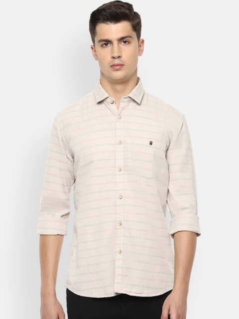 Louis Philippe Jeans Men Beige Slim Fit Striped Casual Shirt