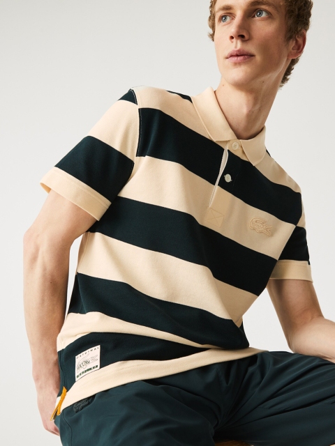 Lacoste Men Beige & Green Striped Polo Collar T-shirt