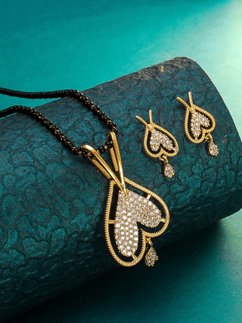 aadita Gold & Black American Diamond Mangalsutra with Earrings