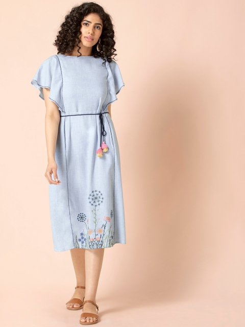 Earthen BY INDYA Blue Embroidered Belted Straight Dress