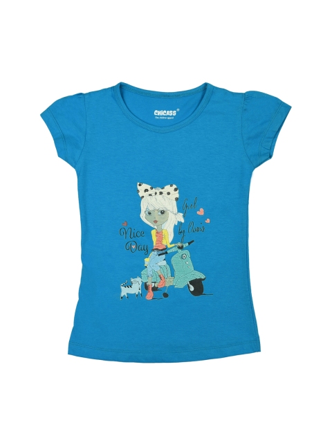 ORANGE PUMPKKIN Turquoise Blue Printed Pure Cotton Regular Top