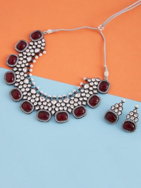 GloBox By ZeroKaata Silver-Plated White & Maroon Handcrafted Jewellery Set