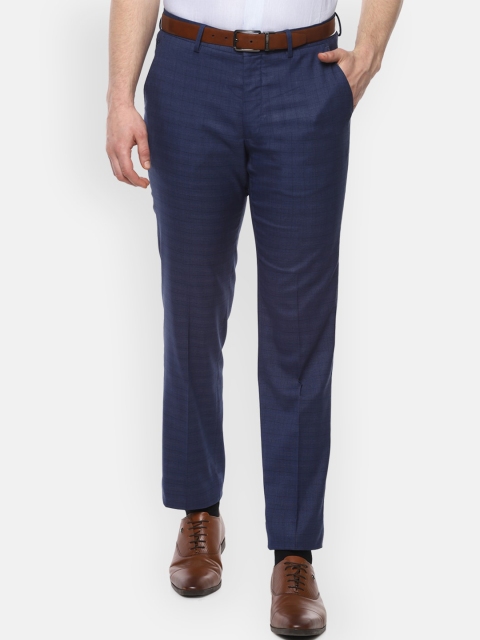 Louis Philippe Men Navy Blue Regular Fit Checked Formal Trousers