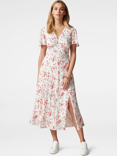 Forever New Women White & Red Floral Print Front Slit Midi A-Line Dress