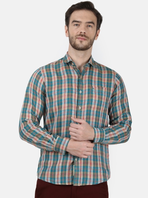 Monte Carlo Men Green & Blue Regular Fit Checked Linen Casual Shirt