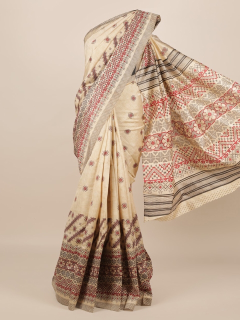 Pothys Cream-Coloured & Brown Jute Silk Printed Saree