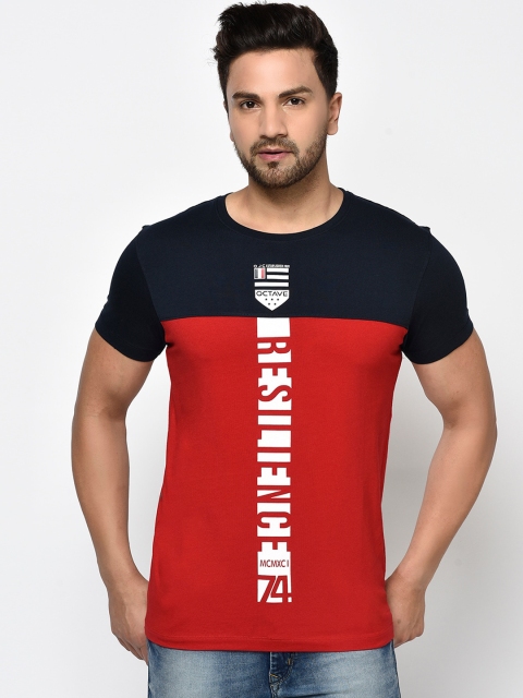 Octave Men Red & Navy Blue Colourblocked Round Neck T-shirt