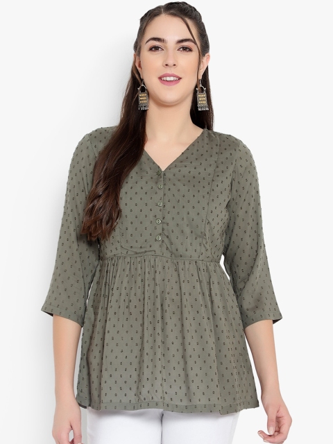 Ayaany Olive Green Embroidered Pure Cotton Empire Top
