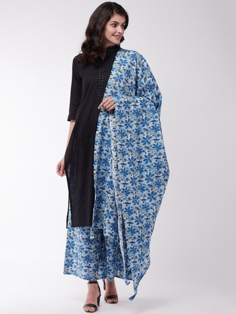 InWeave Women Black & Blue Solid Pure Cotton Kurta with Palazzos & Dupatta