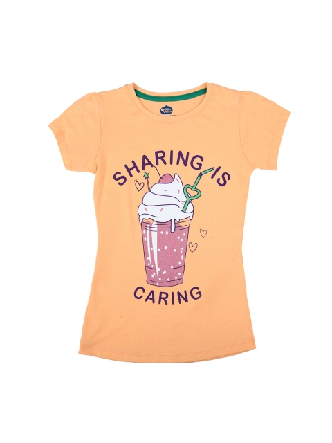 ORANGE PUMPKKIN Girls Orange & Pink Glitter Printed Round Neck T-shirt