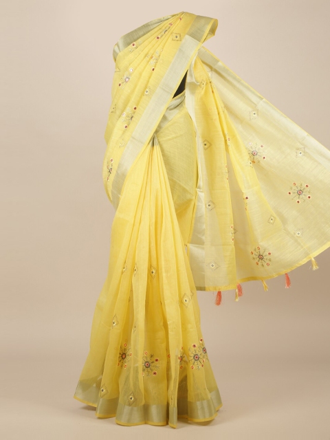 Pothys Yellow & Pink Jute Silk Floral Embroidered Saree