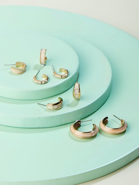 Runway Ritual Set of 4 Off-White Circular Half Hoop Gold-Plated Earrings