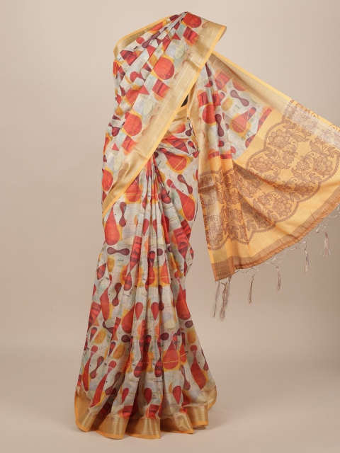 Pothys Multicoloured Printed Linen Blend Saree, Multi