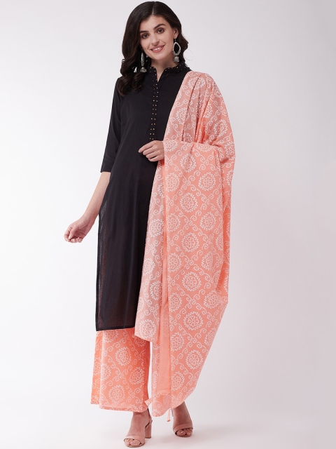 InWeave Women Black & Pink Solid Kurta with Salwar & Dupatta