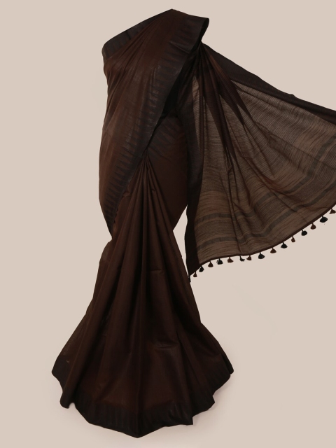 Pothys Brown Solid Linen Blend Saree With Tasseled Pallu