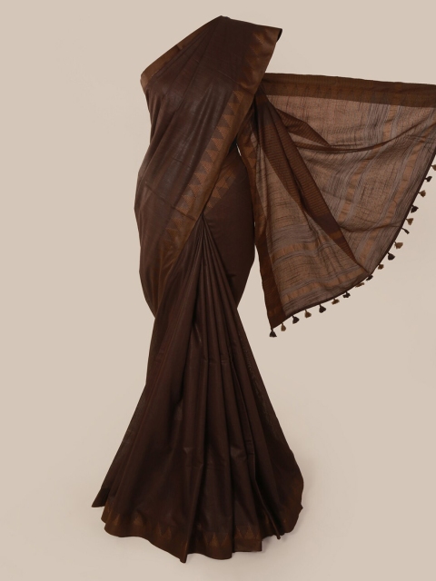 Pothys Brown Solid Linen Blend Saree