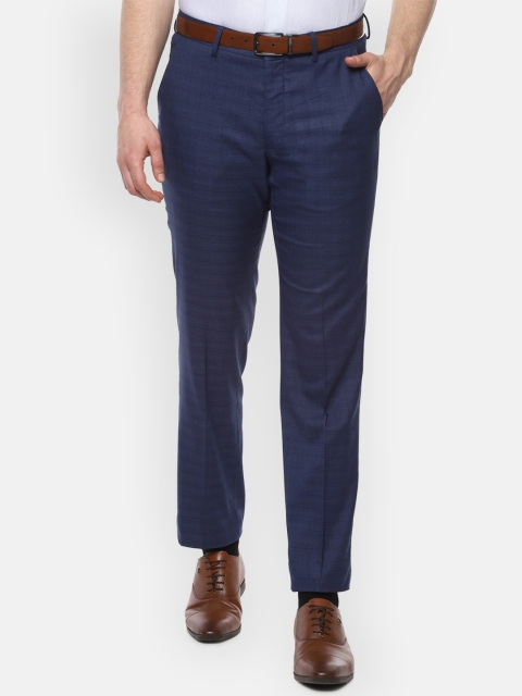 Louis Philippe Men Navy Blue Regular Fit Checked Formal Trousers