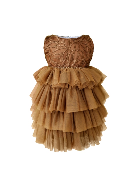 Faye Girls Brown Embroidered Layered Fit and Flare Dress
