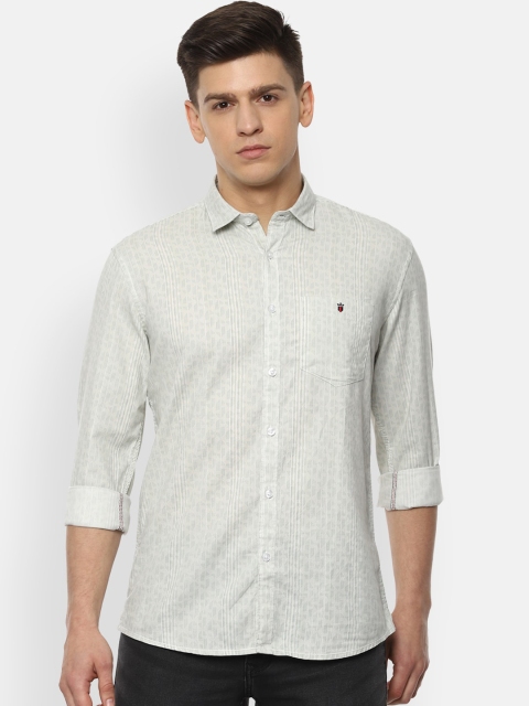 Louis Philippe Jeans Men Beige & Green Slim Fit Striped & Animal Printed Cotton Shirt