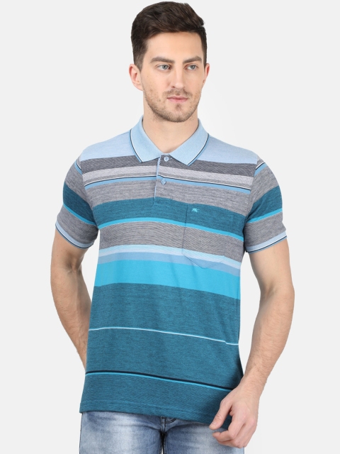 Monte Carlo Men Blue & Grey Striped Polo Collar T-shirt