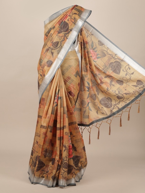 Pothys Brown Printed Linen Blend Saree