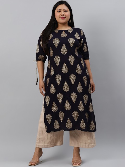EXTRA LOVE BY LIBAS Women Plus Size Navy Blue & Gold-Toned Ethnic Motifs Printed Keyhole Neck Kurta
EXTRA LOVE BY LIBAS Women Plus Size Navy Blue & Gold-Toned Ethnic Motifs Printed Keyhole Neck Kurta