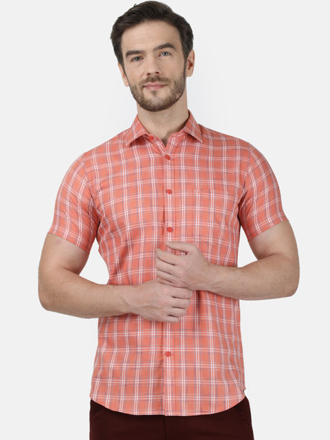 Monte Carlo Men Peach-Coloured & White Pure Cotton Checked Casual Shirt 
Monte Carlo Men Peach-Coloured & White Pure Cotton Checked Casual Shirt