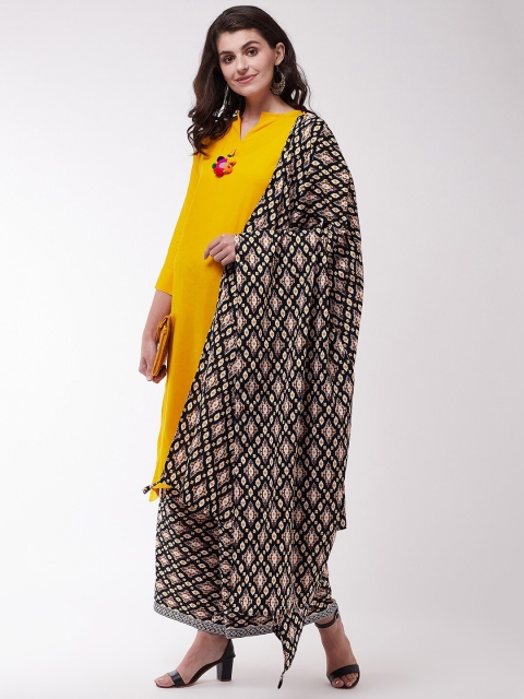 InWeave Women Yellow & Black Solid Kurta with Palazzos & Dupatta