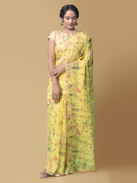 Unnati Silks Yellow Pure Chiffon Printed Baluchari Saree