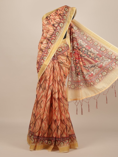 Pothys Peach-Coloured & Pink Jute Silk Printed Saree