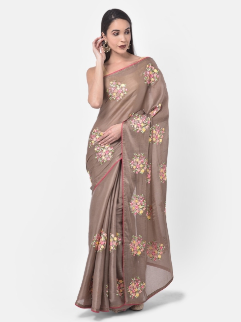 Neerus Brown Embroidered Organza Saree